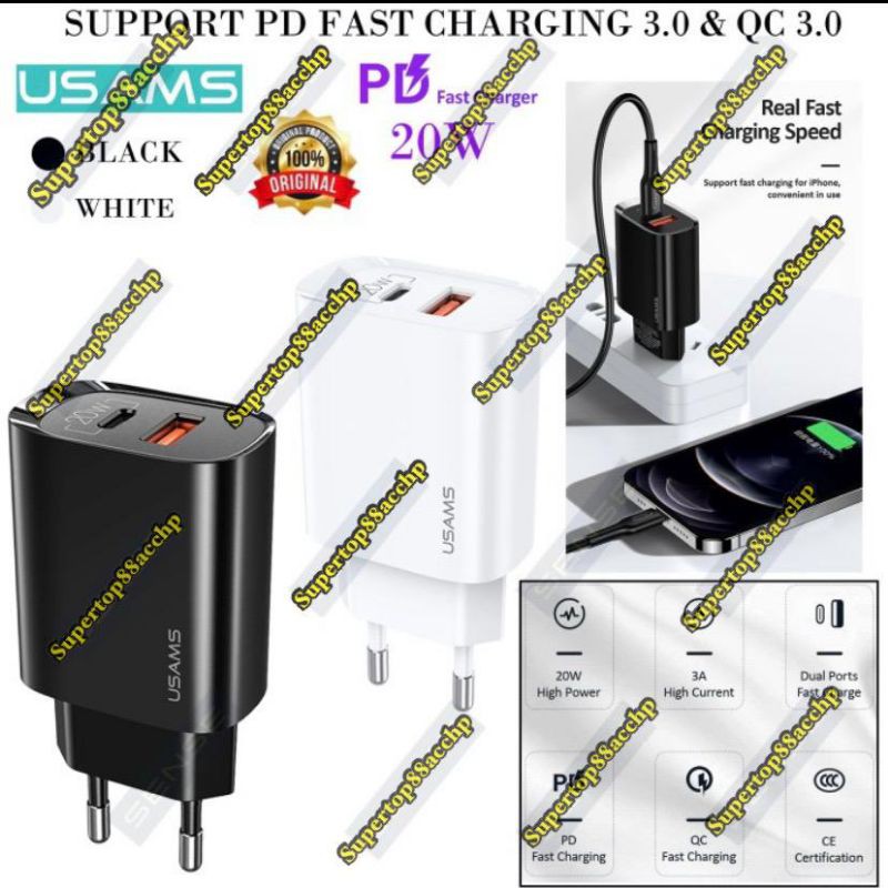 USAMS Adaptor Charger PD Fast Charging USB + Type C QC 3.0 20W