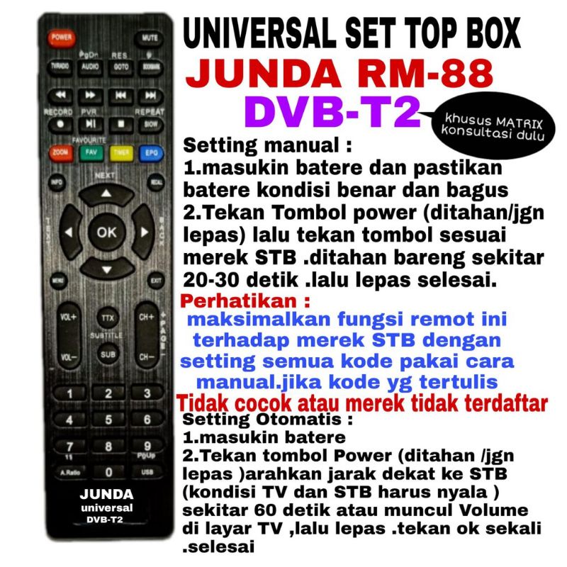 REMOTE REMOT MULTI UNIVERSAL SET TOP BOX  RM88 Fleco-Akari-Nagoya-Matrix-Venus-Rinrei-Skybox-Advance-Evercoss-Ichiko-U002