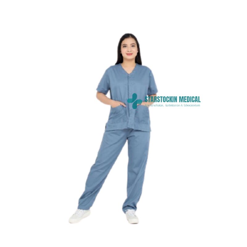 Baju jaga OK Kancing Depan Lengan Pendek Celana Karet Bahan Kain Oxford Premium