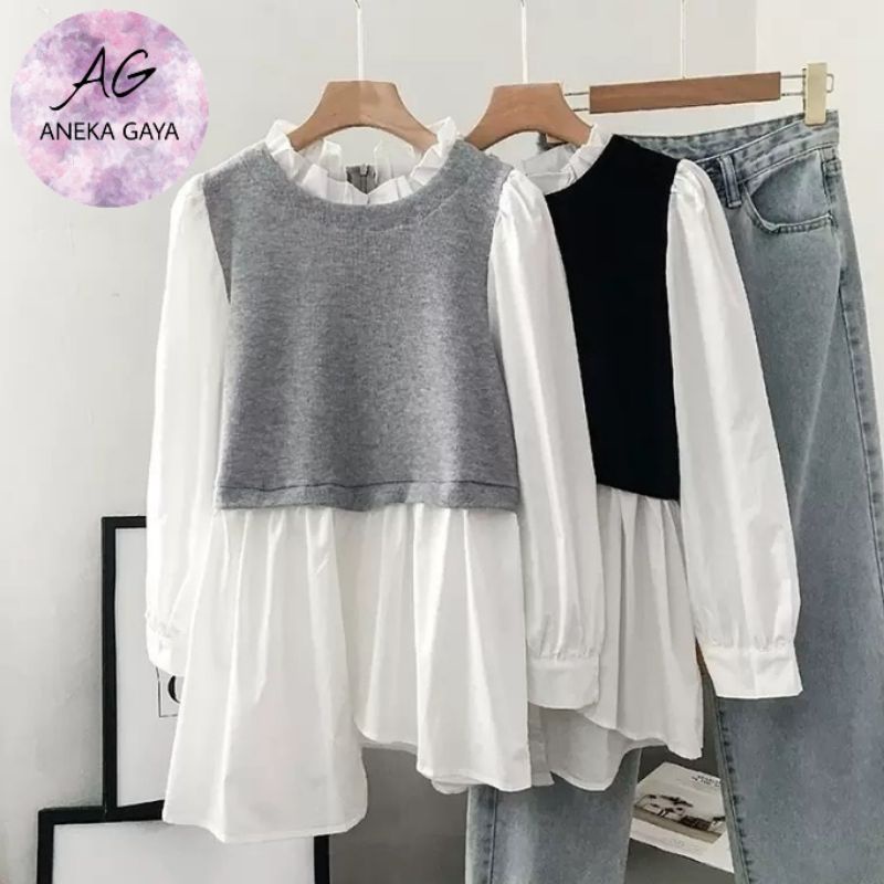 DISKON BAJU WANITA TERBARU MODEL KOREA KOMBINASI 2 WARNA