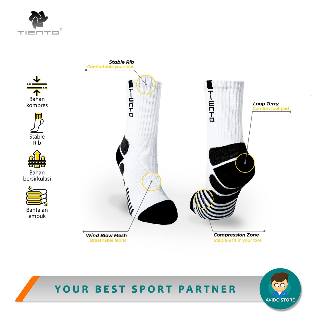 Tiento Compression Socks Typotype White Kaos Kaki Olahraga Kaos Kaki Ketat Anti Bakteri Original