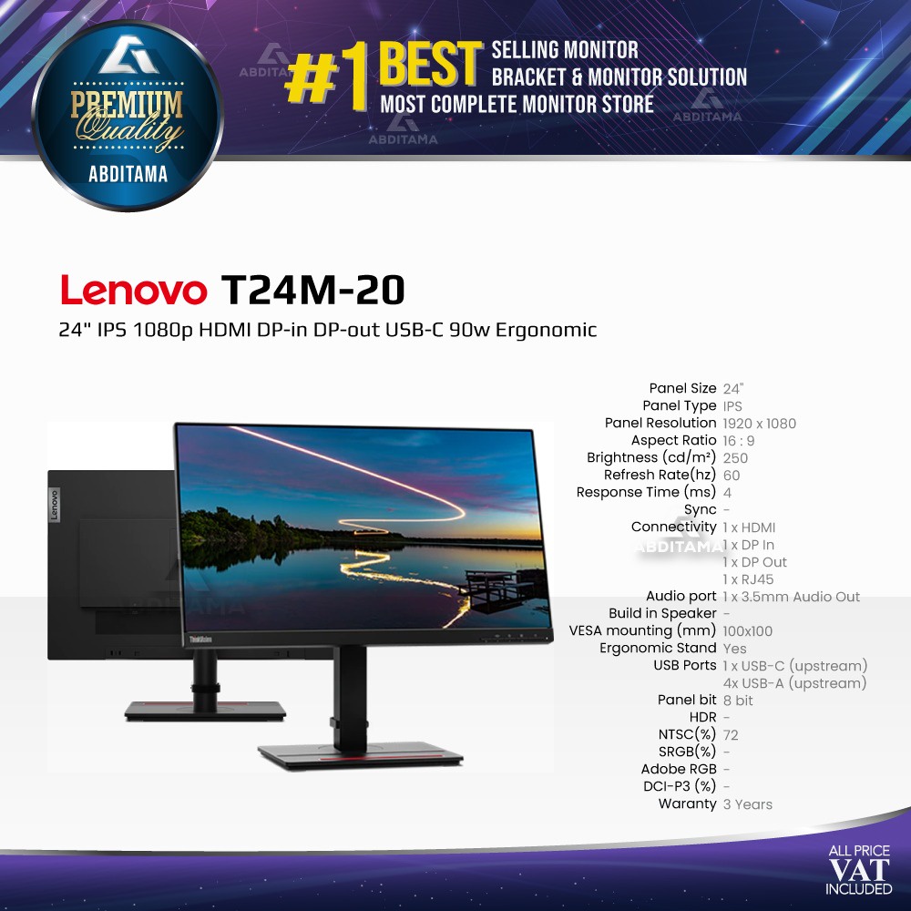 Monitor LENOVO T24M-20 24&quot; IPS 1080p HDMI DP-in DP-out USB-C 90w Ergo