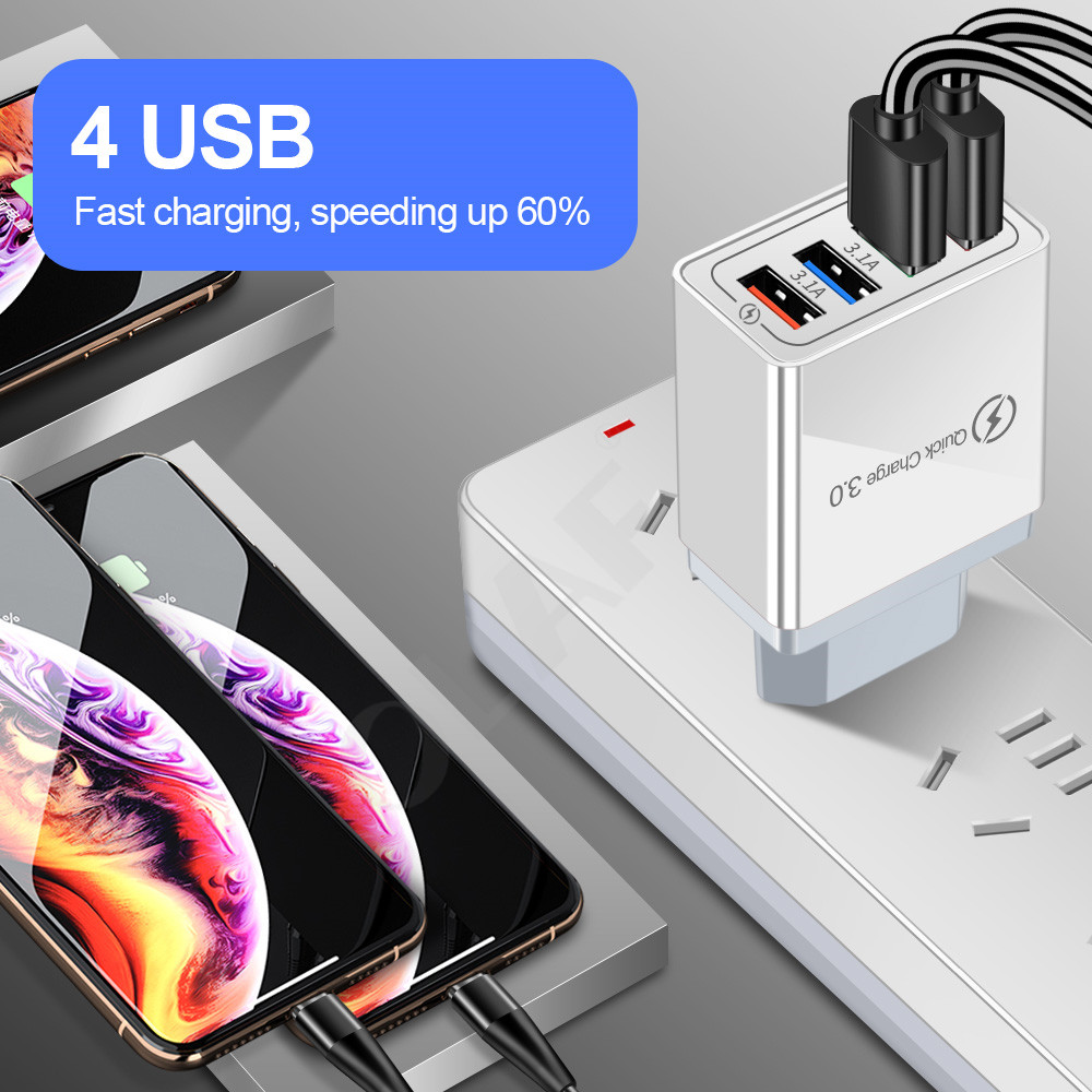 Marjay Adapter Charger 5V 4 Port USB QC3.0 Quick Charge 3.0 4.0 Fast Charging Pengisian Daya Cepat+Lampu LED  Untuk Iphone X / Samsung / Xiaomi / Huawei