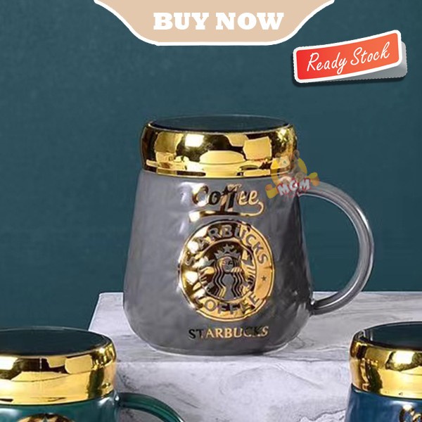 Gelas Starbucks Keramik Mug Starbucks GOLD dengan Tutup Kaca
