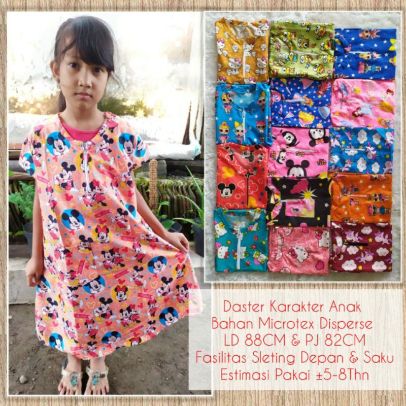 DRESS ANAK CEWEK/Tunik/KARAKTER/resleting depan/saku depan/1 tahun sampai 8 tahun pakai