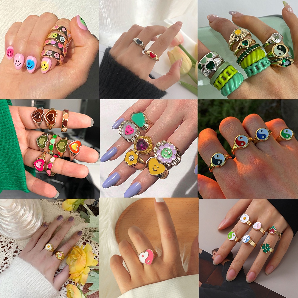 Korean Simple Gold Rings Oil Dripping Vintage Ins Style Heart Shape Colorful Ring for Women Jewelry Fashion Accessories