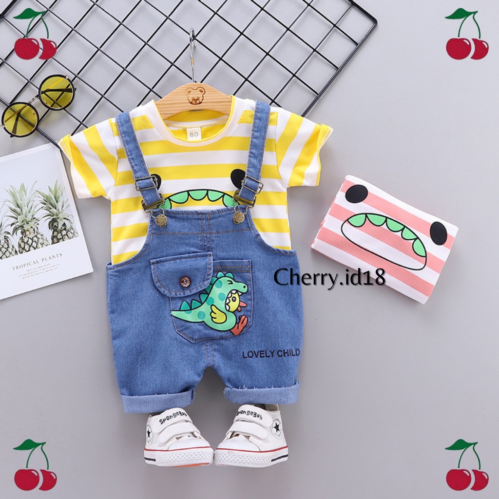 (6bln - 3thn) COD Overall Anak Garis Dino / Overall Anak Import Motif Dino / Baju Kodok Anak Import / Jumpsuit Anak Import Motif Dino - JL07