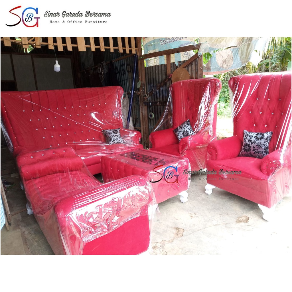 SOFA MERAH 113 + SOFA SAMPAN + MEJA / SOFA RAJA JUMBO MERAH