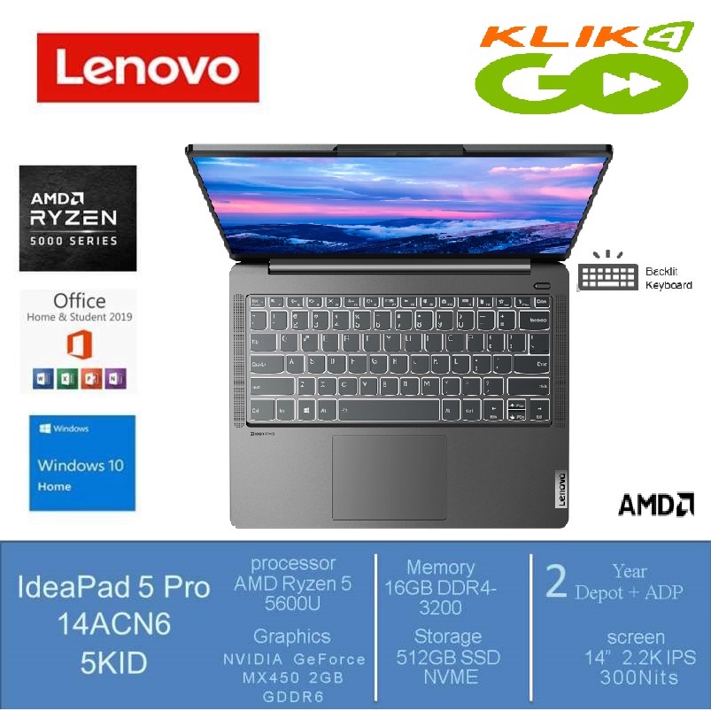 LENOVO IdeaPad 5 Pro 14ACN6 - AMD Ryzen 5 5600U - RAM 16GB - 512GB SSD - 14 INCH 2.2K - VGA MX450 2G