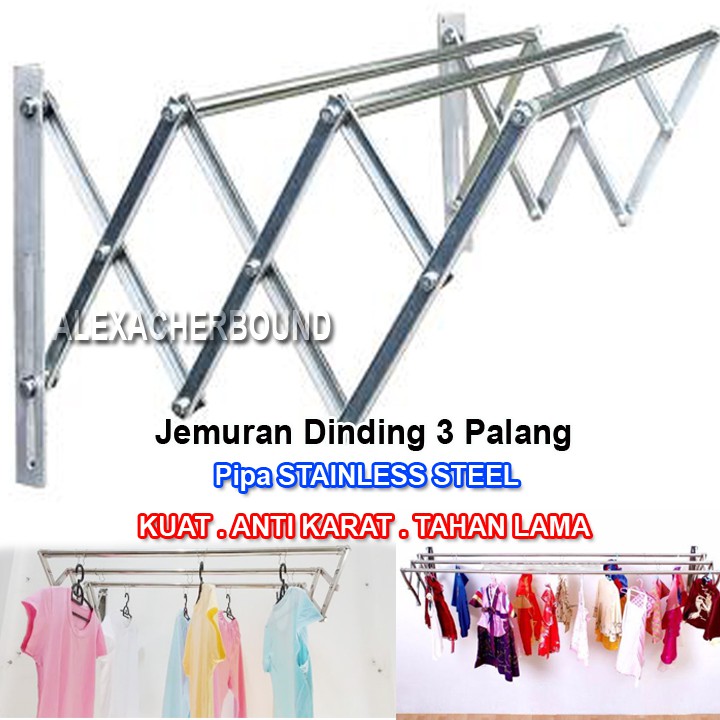 Jemuran Dinding Stainless Steel 3 Palang Jemuran Tempel Dinding Jemuran Baju Handuk Jemuran Laundry