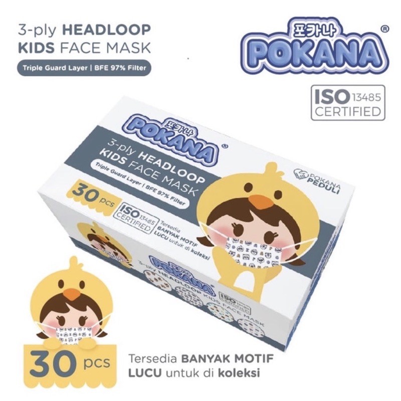 POKANA HEADLOOP KIDS MASK MASKER ANAK CERTIFIED 30PCS