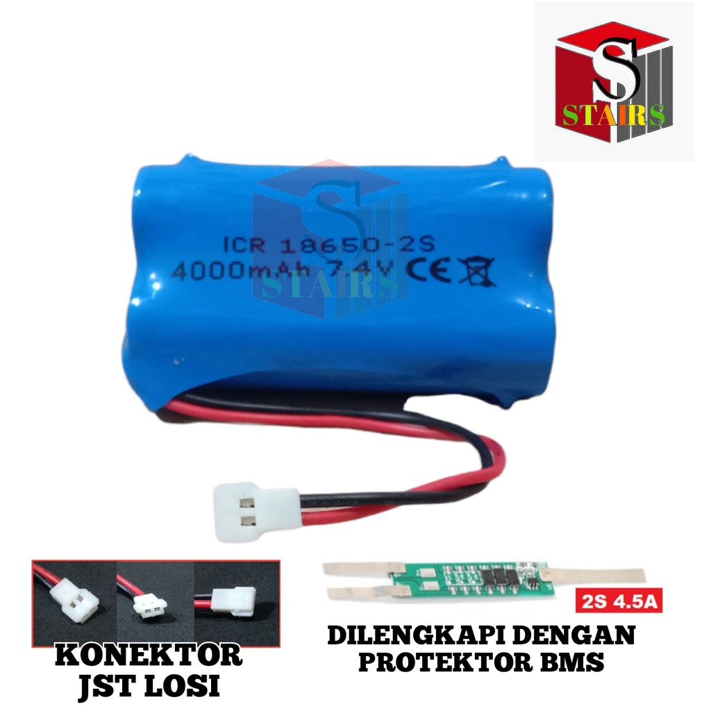 Baterai Mainan Remot Control / Baterai RC 2X 18650-2S 4000mAh 7.4V Protektor BMS 4.5A Konektor JST LOSI