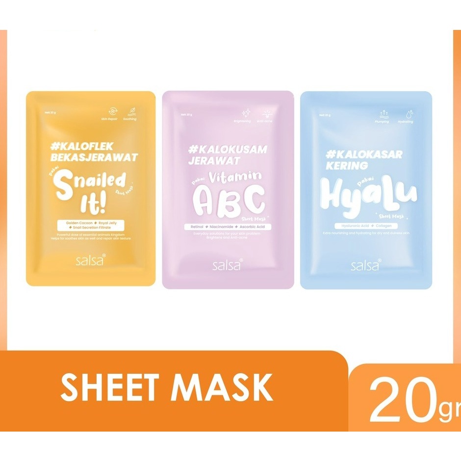 SALSA SHEET MASK DAILY MASKER WAJAH HYALU , SNAILED IT , VITAMIN ABC