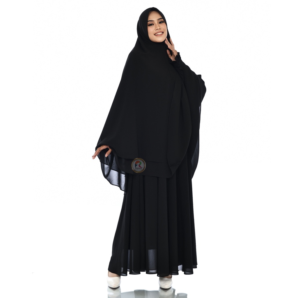 Raisma - Waraqah Gamis Syari Set Jilbab putih hitam Bahan Ceruti Busana Perlengkapan Umroh Haji