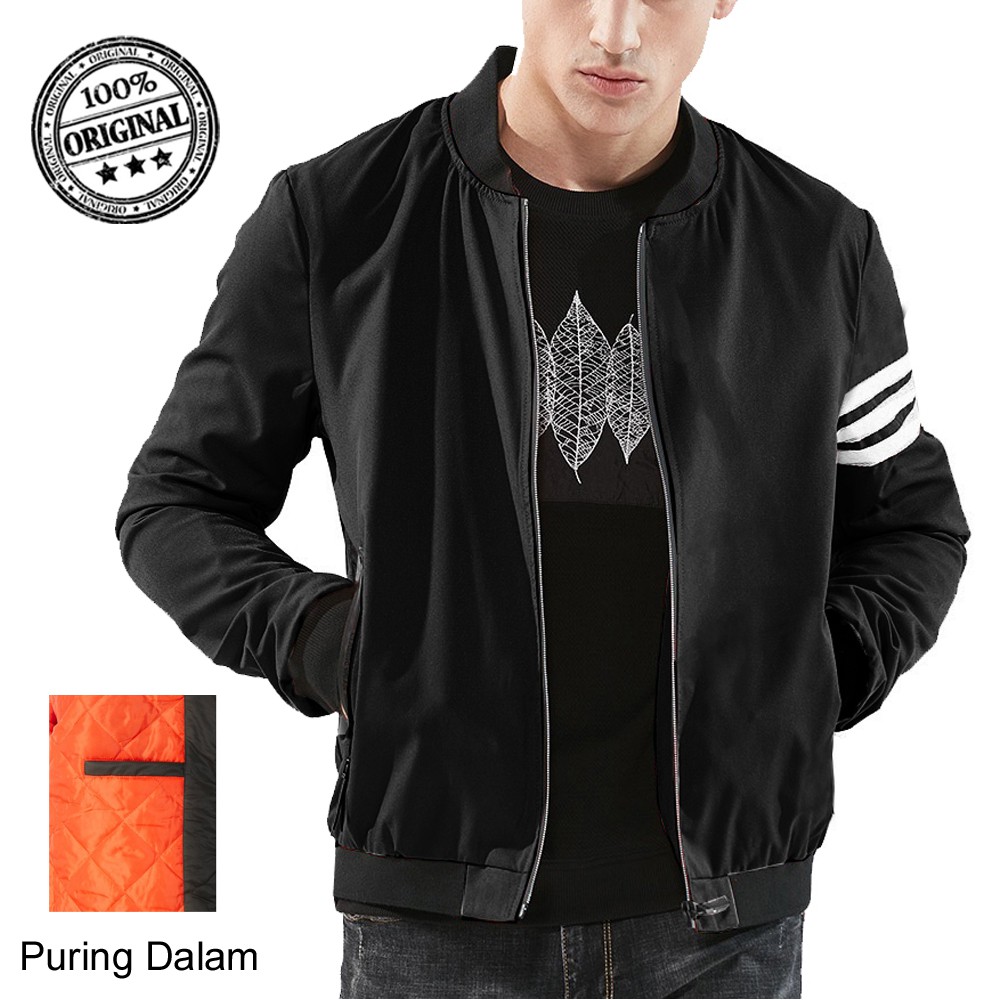 Jaket Bomber Pria Polos List putih dilengan silimfit tebal waterproof Sesuai Gambar  - Man Bomber Ja