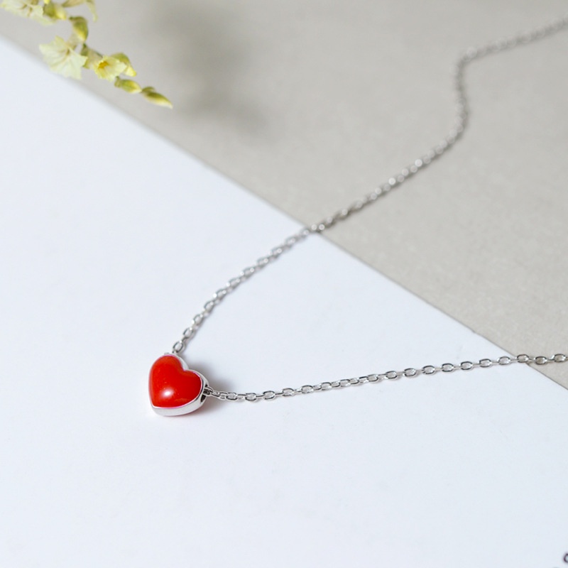 [Ready Stock]Fashion Plated 925 Sterling Silver Red Heart Necklace Heart Clavicle Chain Heart Pendant