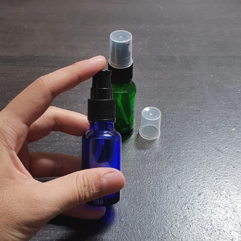 botol kaca 20ml tebal pump hitam / botol kaca 20ml treatment pump