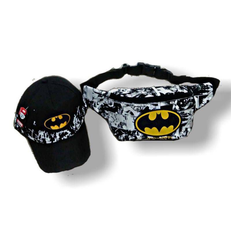 Tas selempang waistbag anak laki-laki canvas karakter batman 2in1 - tas + topi