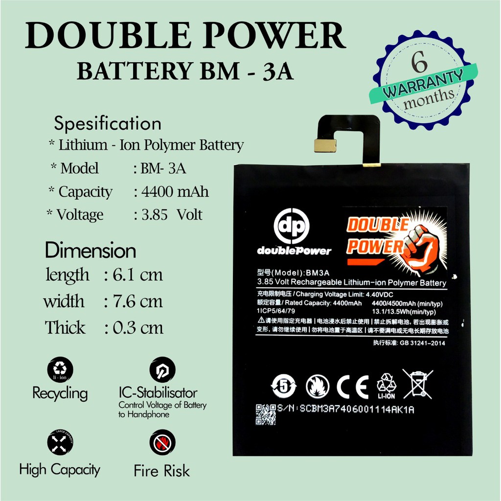 Battery Double Power Baterai Xiaomi Mi NOTE 3 seri BM3A 4400mah