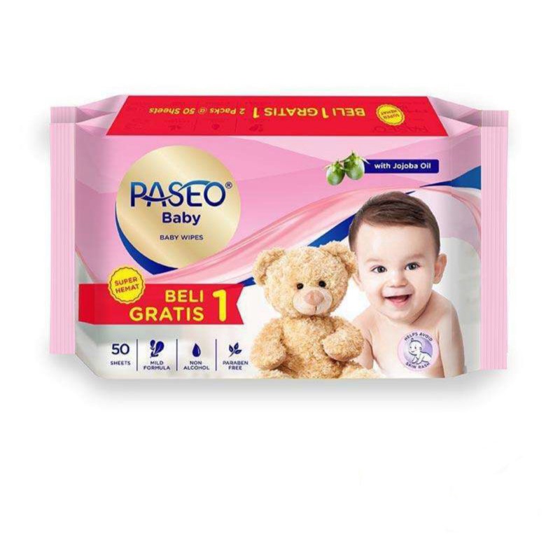 Paseo Baby wipes with Jojoba oil Beli 1 gratis 1 (50sheetsx2) / Tissue Basah bayi Paseo PINK BOGO