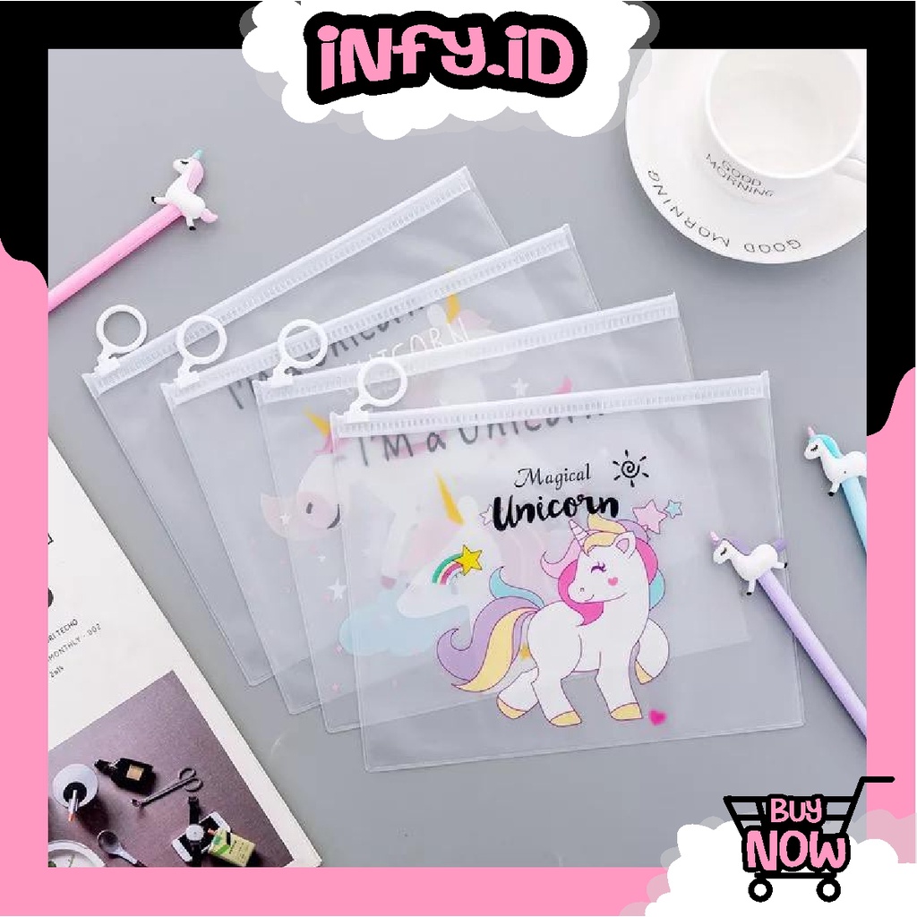 INFY - Tempat Pensil / Tas Pounch Kosmetik Transparan Pencil Motif Karakter Unicorn Impor R079