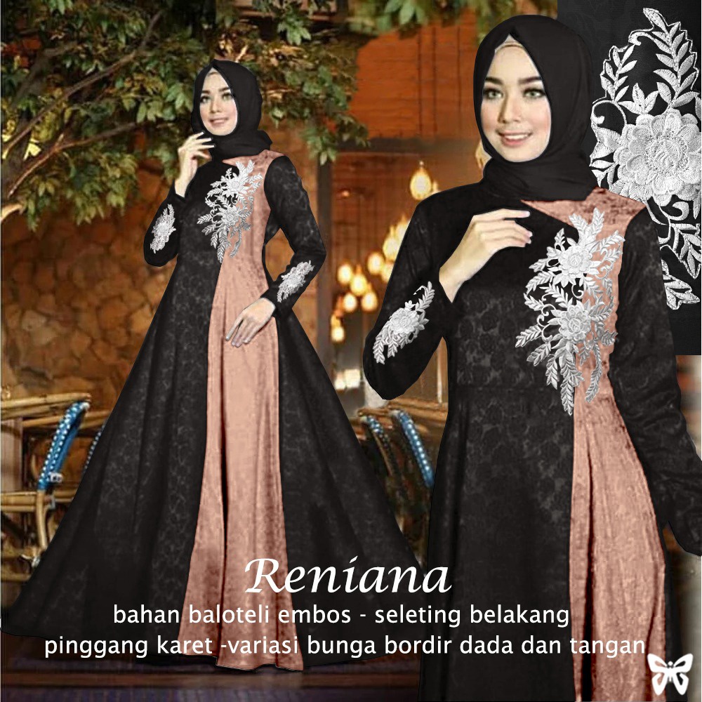 HOPYLOVY - Gamis Syari Pesta Terbaru Baloteli Embos Reniana Size L-BLACK MOCCA