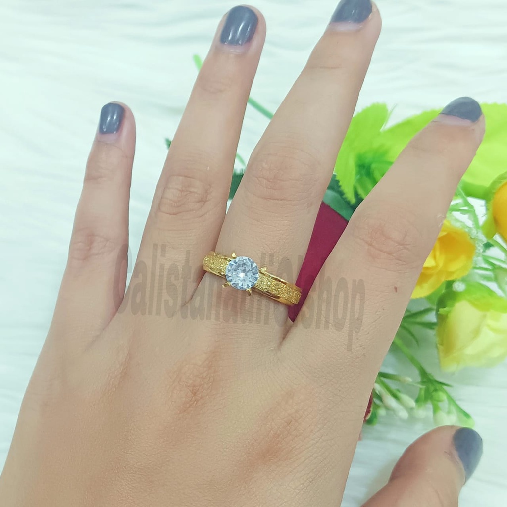 CINCIN TITANIUM DESAIN PERMATA SINGLE ELEGAN PERHIASAN EMAS KOREA ANTI KARAT DAN ANTI LUNTUR (COD)
