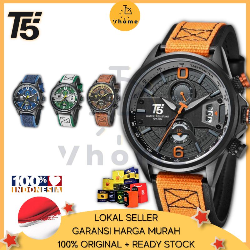 Vhome - Jam Tangan Pria T5 Original Chronograph Waterproof + Exclusive Box & Paper Bag T5 H3584G H35