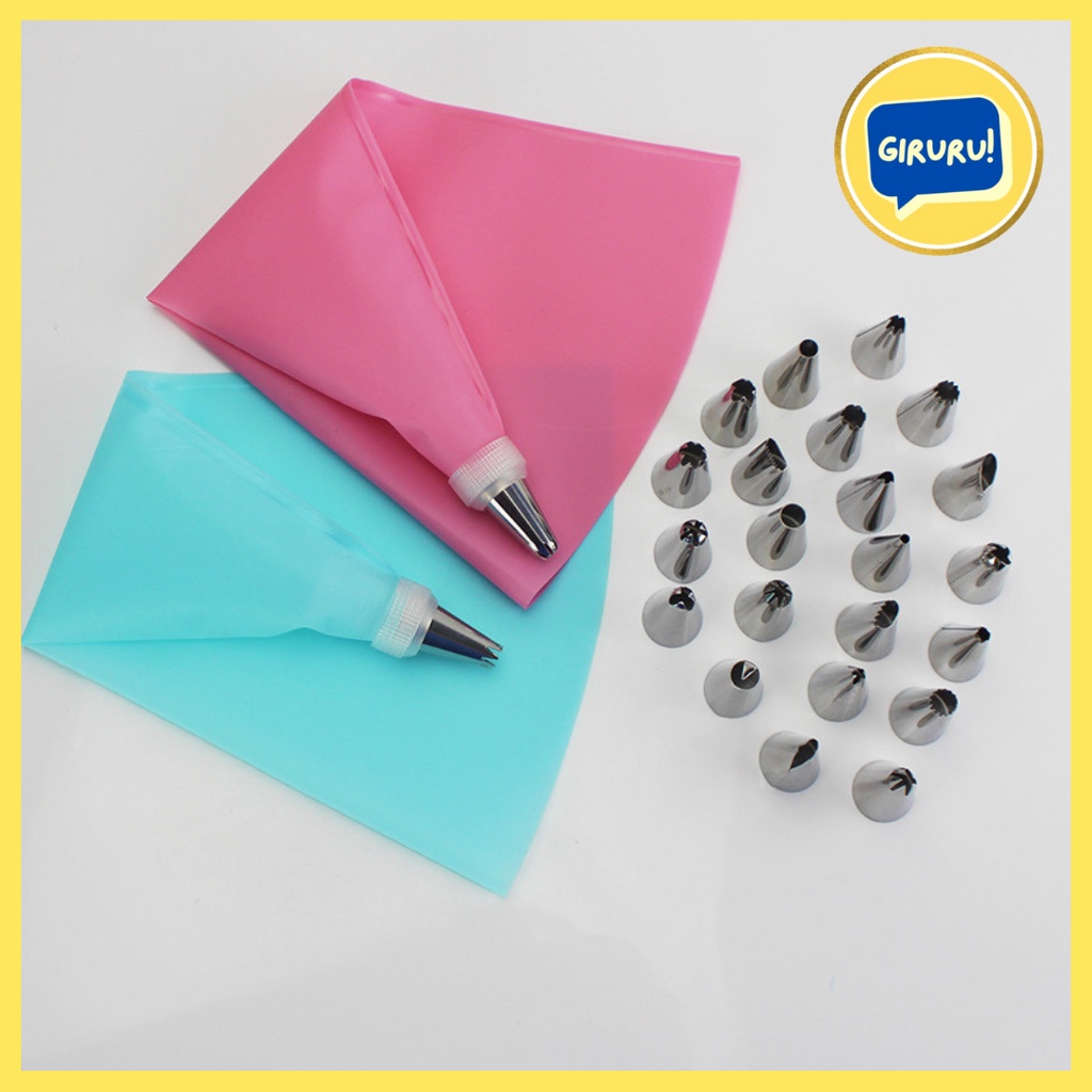 ICING PIPING BAG SET 26 IN 1 SILIKON CAKE DECORATING SPUIT + CONNECTOR + PIPING BAG / SPUIT DEKORASI KUE CHEF PASTRY / PIPING BAG SILICONE SET /  / Silicone Piping Bag Segitiga Reuseable Kantung Piping Bag untuk Kue Dipakai berulang Silicone Cake Serba