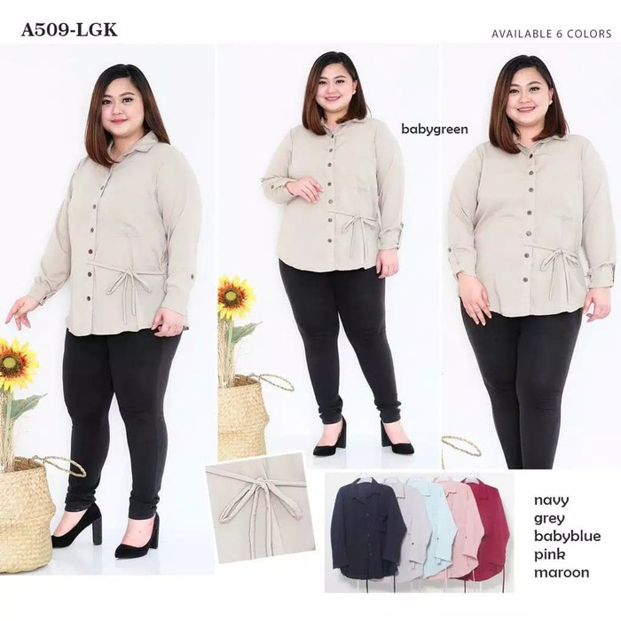 Ds51C1 Baju Atasan Wanita Big Size Kemeja Basic Wanita Kemeja Kerja Jumbo Fe5E2D