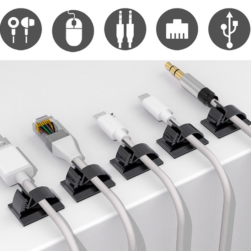 10pcs / Set Holder Organizer Kabel Usb / Mouse Bahan Plastik Adjustable Dengan Perekat Untuk Meja