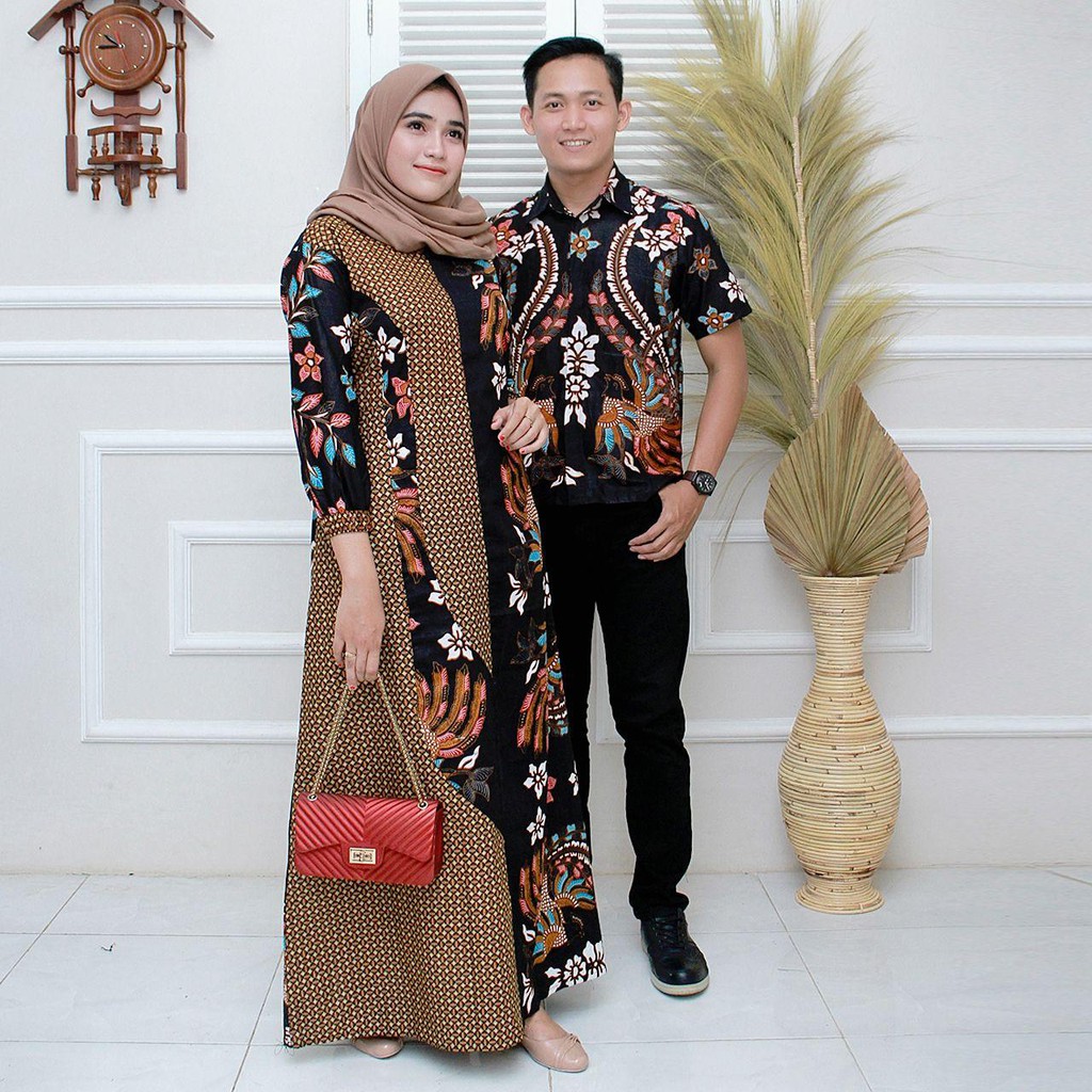 Batik Couple Gamis batik Maura Sania Ruffle ori Ndoro jowi DNT Size M L XL All Size-Couple GK115