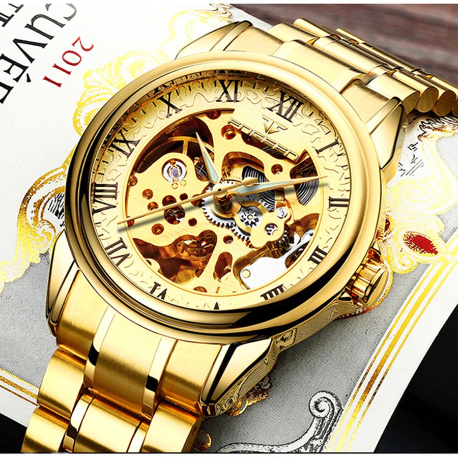 Jam tangan mekanik pria keren FNGEEN Men Luxury Skeleton Automatic Winding Mechanical Watches Gold