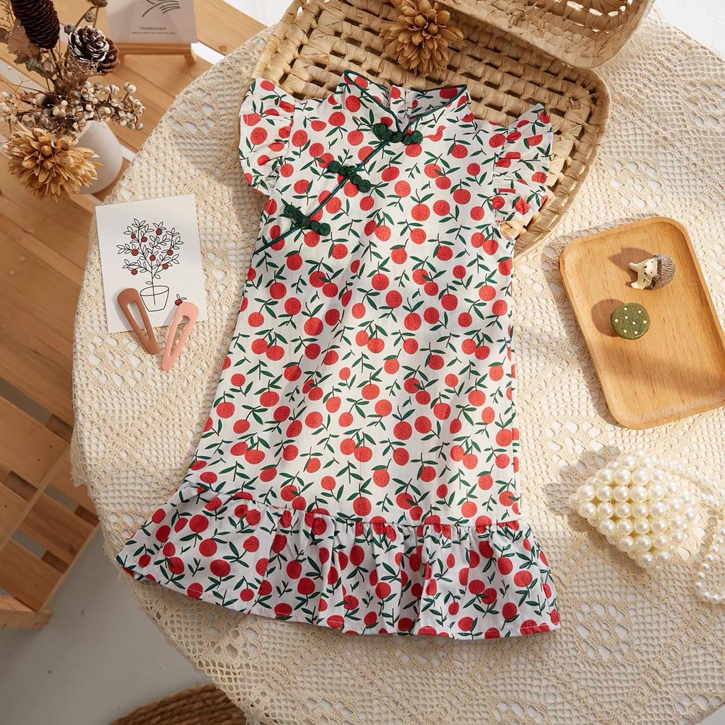 Dress anak perempuan Cheonsam Impor Motif Peacock/Cherry/Bunga Merah