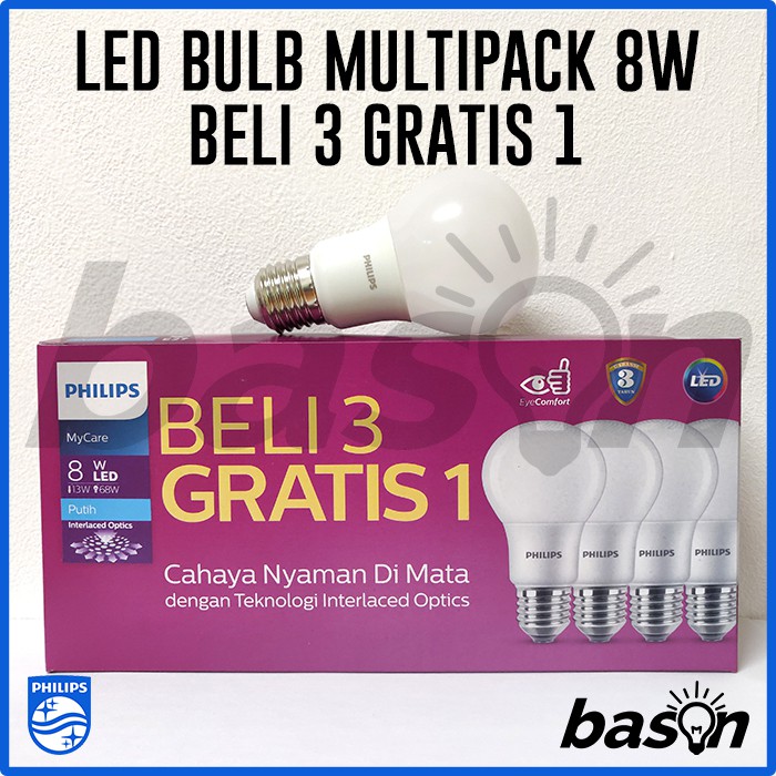 PHILIPS Multipack LED Bulb 8W Putih - Beli 3 Gratis 1