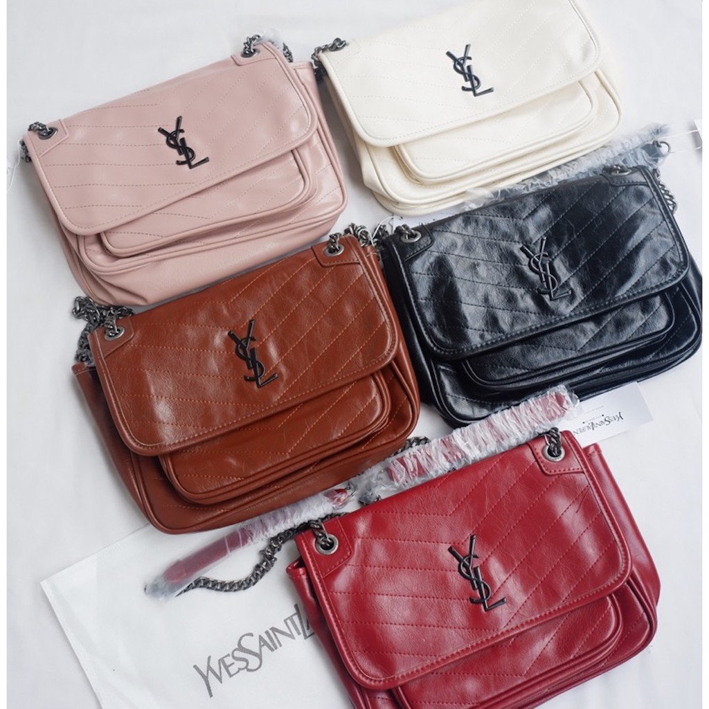 Tas Selempang Wanita Niki Chain Medium Small Crinkled PU Leather Premium Woman Slingbag Import