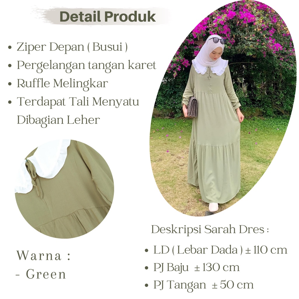 SARAH DRES ~ Baju Gamis Wanita Kekinian Fahion Muslim Ziper Depan Busui Bahan Rayon Crinkle Premium Ukuran Fit To XL Ld 110 Cm / Gamis Muslimah Import