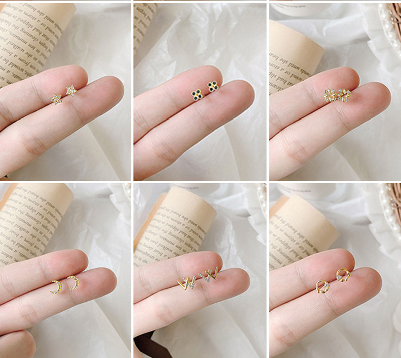 925 Perak Anting Murni Mini Kecil Bulan Bintang Zirkon Halus Anting Mahkota Kecil