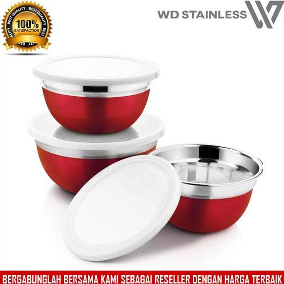 MANGKOK STAINLESS GERMAN BOWL RED 3 set dengan tutup