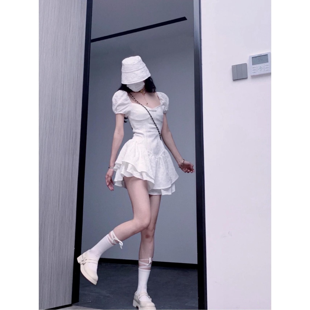 Setelan Wanita Awal Renda Lengan Kembung Gaun Putri Bengkak Pendek + Set Rok Dua potong