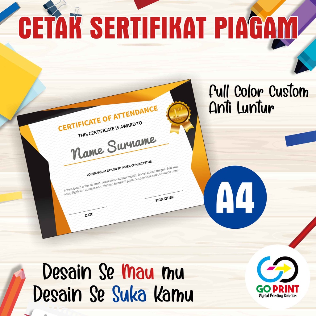 

Cetak Sertifikat Piagam Full Color Custom A4