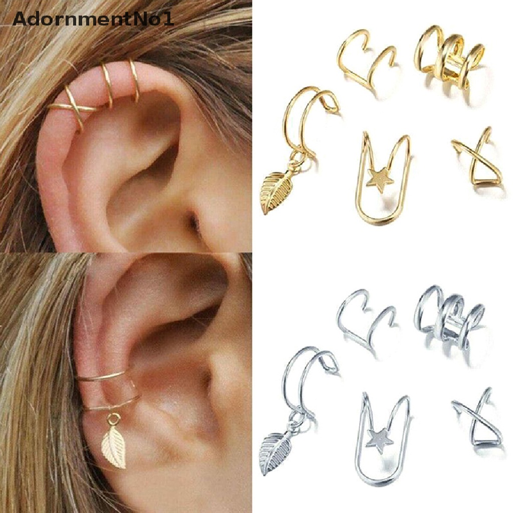 (AdornmentNo1) 5pcs / Set Anting Klip Tanpa Tindik Motif Daun Aksen Hollow Untuk Perhiasan Wanita / Hadiah