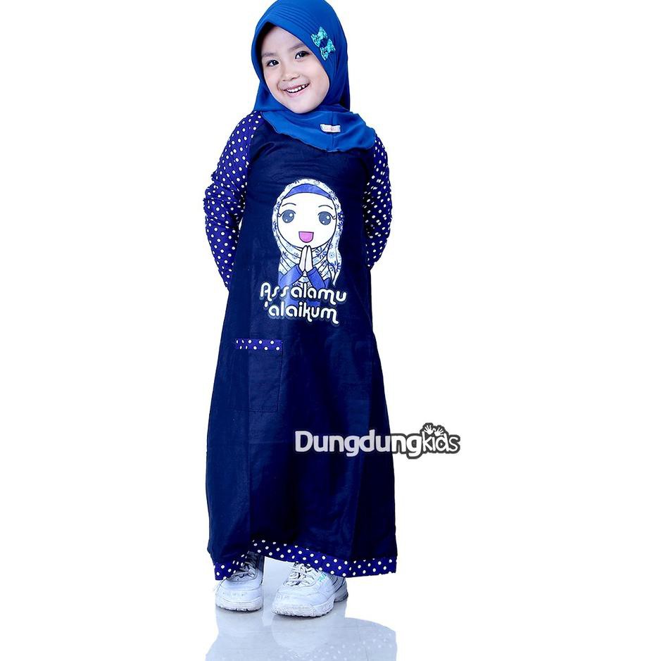 G3D8 Baju Muslim Anak Perempuan Gamis Rami Assalamualaikum Dongker Lengan Dongker Polka (Tanpa Jilba