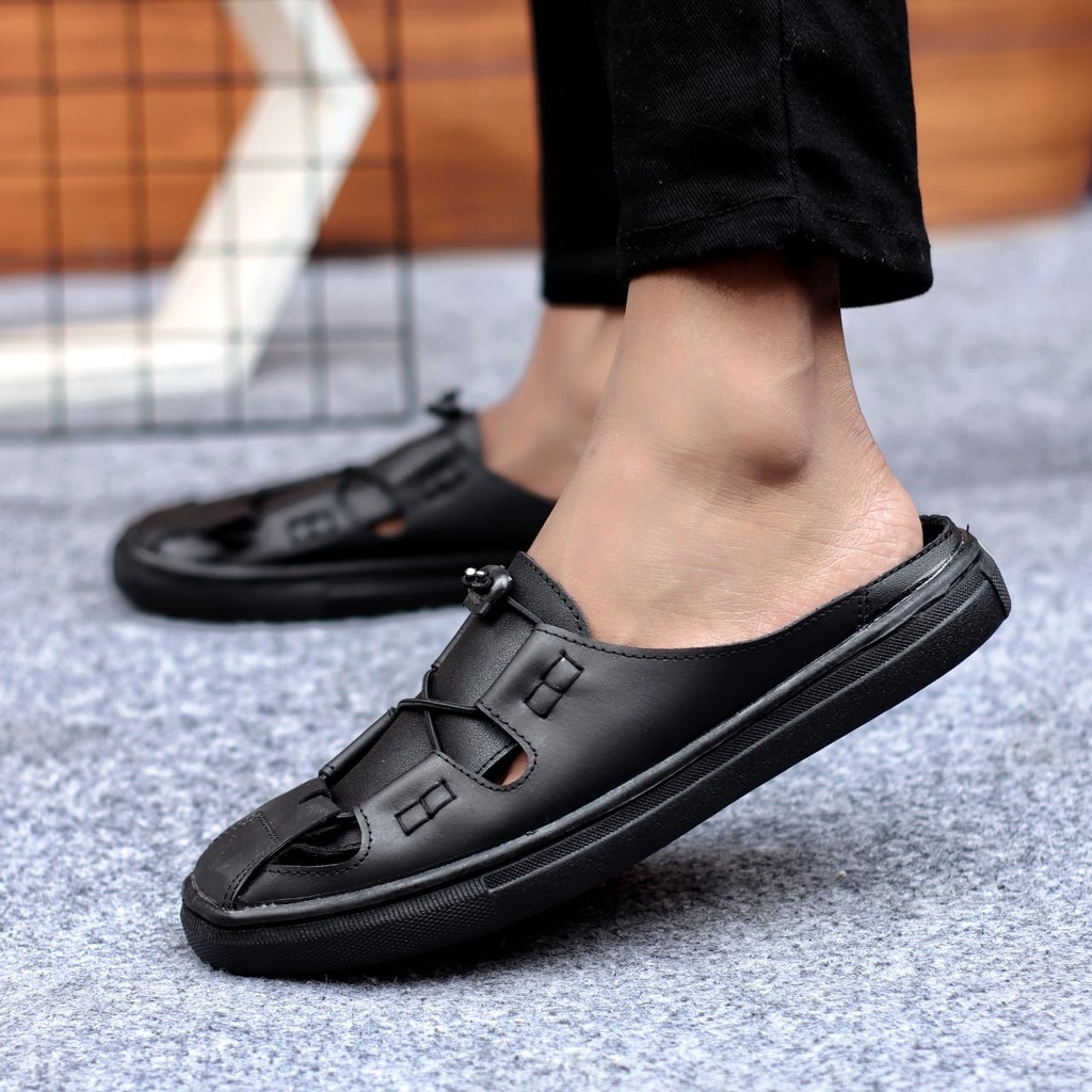 ENOZ X VELOZ - Sandal Slop Loafers Pria Kasual Kulit Asli Original Handmade Slip On Bustong Casual Cowo Laki Men ORI Terkini Sepatu Sendal Casual Cowok Keren Trendy Kekinian