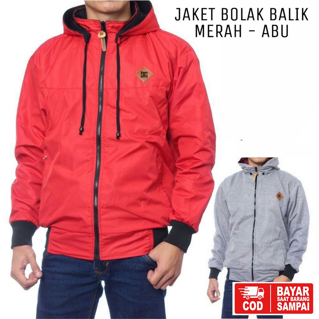 JAKET DC BOLAK BALIK / JAKET MOTOR / JAKET PARASUT HITAM-ABU-2