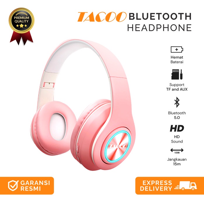 Tacoo Bluetooth Headphone Inpods Macaron 5.0 Led Wireless - Merah Muda