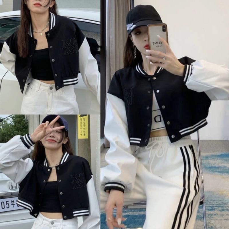 COD Jaket Baseball Crop | Korean Style Varsity | Pakaian Wanita | Jaket Wanita | Bahan Fleece | Allsize