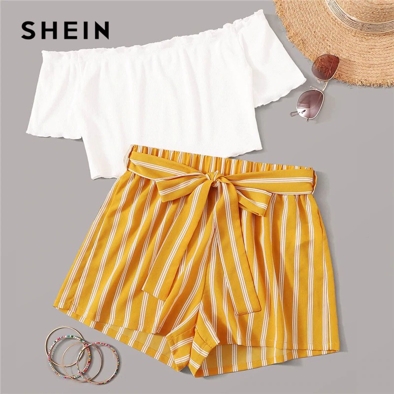 SHEIN Off Shoulder Rib-Knit Crop Top and Self Belted Striped Shorts Set 2 Piece Set Women