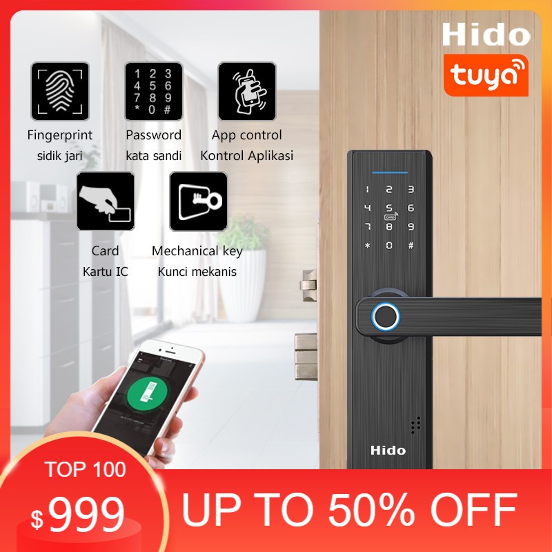 HIDO Handle kunci pintu elektronik Sidik Jari/IC card/Fingerprint/Key/Kontrol App Smart Door Lock
