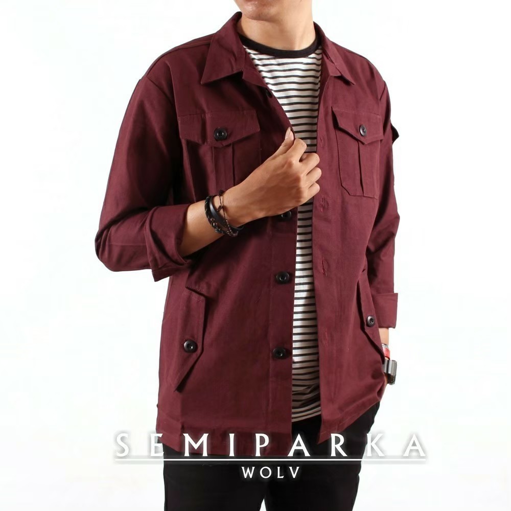 WOLV ORIGINAL JAKET SEMI PARKA CANVAS Jaket pria warna maroon rample pocket seri WSP402